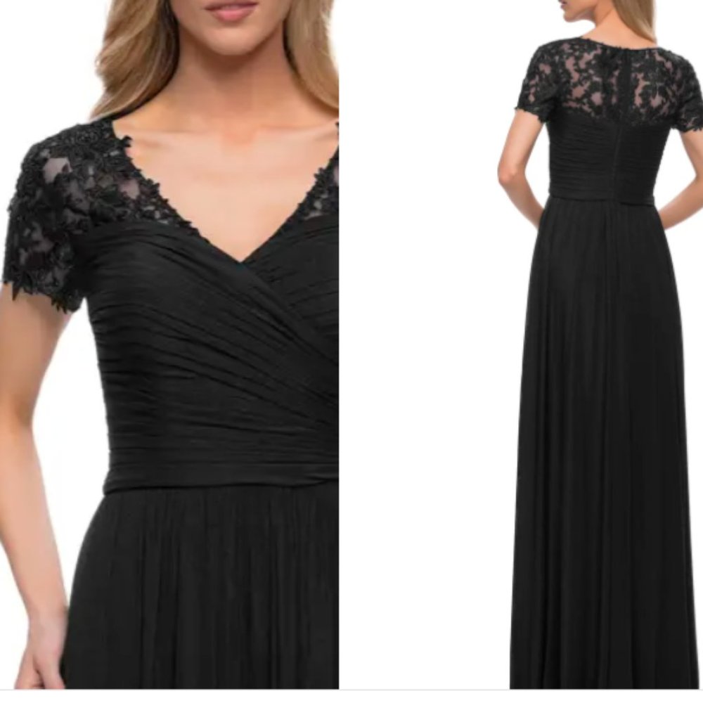 LA FEMME FLORAL EMBELLISHED SHEER SHORT SLEEVE BLACK GOWN sz 16